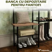 Cuier pentru Haine de Podea cu 6 Carlige HOMCOM, PAL si Otel cu Dulap de Pantofi cu Rafturi, 92.5x28.2x182cm, Maro | Aosom Romania 