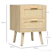 HOMCOM Noptieră pentru Dormitor cu 2 Sertare în Stil Boho, 40x40x56cm, Culoare Lemn Natural 