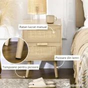 HOMCOM Noptieră pentru Dormitor cu 2 Sertare în Stil Boho, 40x40x56cm, Culoare Lemn Natural 