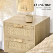 HOMCOM Noptieră pentru Dormitor cu 2 Sertare în Stil Boho, 40x40x56cm, Culoare Lemn Natural 