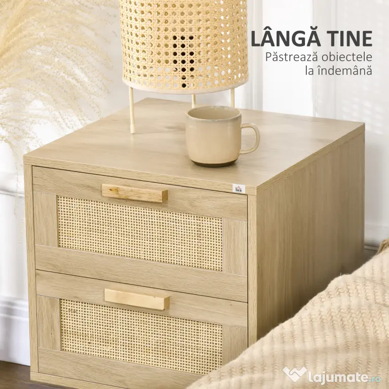 HOMCOM Noptiera pentru Dormitor cu 2 Sertare, Masuta de cafea in Stil Boho Elegante, 40x40x56cm, Culoare Lemn Natur | Aosom Romania