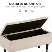 HOMCOM Scaun Modern cu Spațiu de Depozitare și Picioare din Lemn, Scaun Tapițat pentru Living sau Dormitor, 95x38x45 cm, Bej | Aosom Romania 