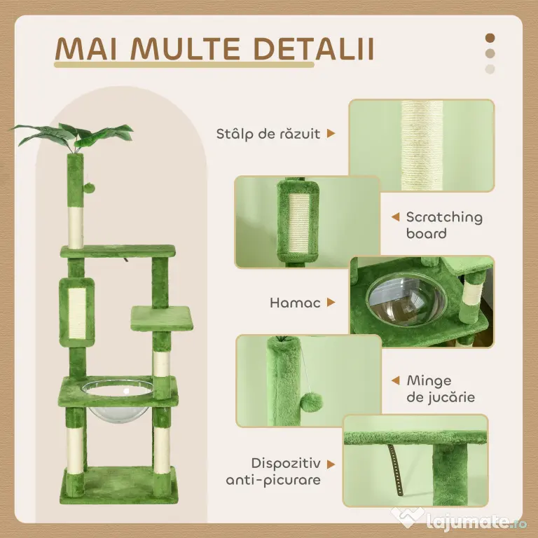 PawHut Ansamblu de Joacă pentru Pisici Multietajat cu Hamac, Stâlp de Zgâriat și Minge, 49x49x142 cm, Verde | Aosom Romania