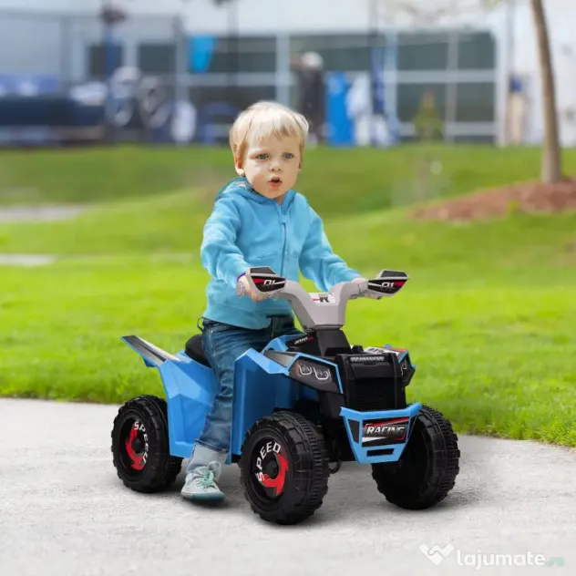 HOMCOM ATV pentru Copii 18-36 Luni din PP și Metal cu Roți Rezistente, Viteză Max 2.5 km/h, Design Atractiv, Albastru Gri și Negru | Aosom Romania