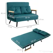 HOMCOM Canapea Pat Dublu 3 în 1 Catifelată cu Spătar Reglabil pe 5 Niveluri și Perne, Verde marin 