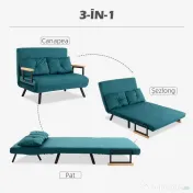 HOMCOM Canapea Pat Dublu 3 în 1 Catifelată cu Spătar Reglabil pe 5 Niveluri și Perne, Verde marin 