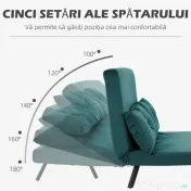 HOMCOM Canapea Pat Dublu 3 în 1 Catifelată cu Spătar Reglabil pe 5 Niveluri și Perne, Verde marin 