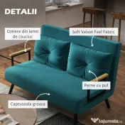 HOMCOM Canapea Pat Dublu 3 în 1 Catifelată cu Spătar Reglabil pe 5 Niveluri și Perne, Verde marin 