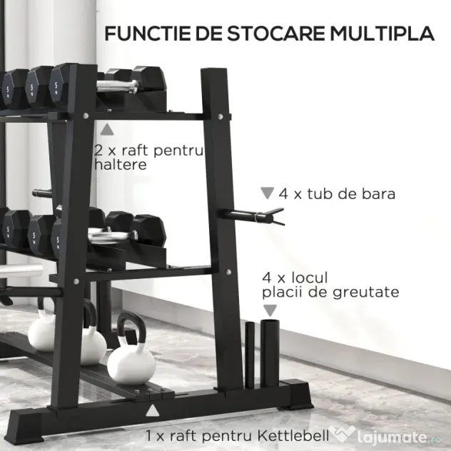 SPORTNOW Suport pentru Haltere, Suport Multifuncțional pentru Depozitarea de Halterelor de Gimnastică, 131x75x80 cm, Negru | Aosom Romania