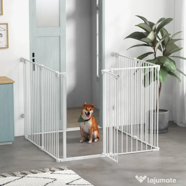 PawHut Tarc de Joaca 2-in-1 Multifunctional cu Poarta de Siguranta pentru Animale de Companie 6 Panouri Tarc cu Usa 100cm Inaltime Alb | Aosom Romania