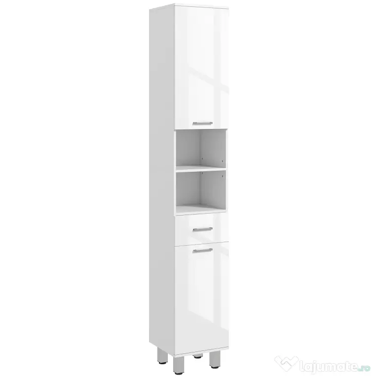 kleankin Mobilier pentru Baie cu 1 Sertar 3 Rafturi Ajustabile și 2 Dulapuri, 30x30x180 cm, Alb Lucios | Aosom Romania
