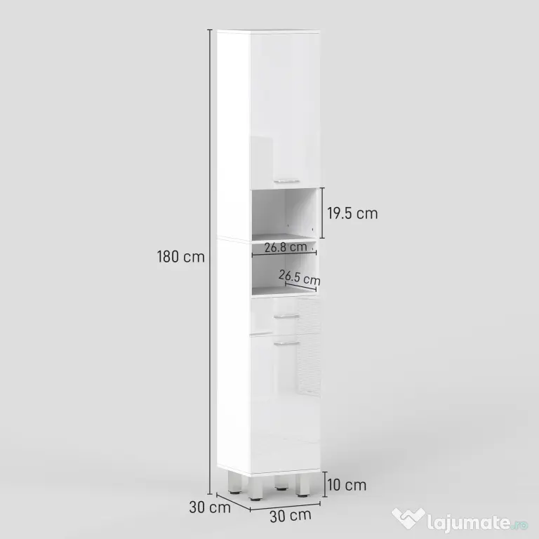 kleankin Mobilier pentru Baie cu 1 Sertar 3 Rafturi Ajustabile și 2 Dulapuri, 30x30x180 cm, Alb Lucios | Aosom Romania