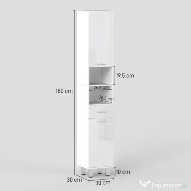 kleankin Mobilier pentru Baie cu 1 Sertar 3 Rafturi Ajustabile și 2 Dulapuri, 30x30x180 cm, Alb Lucios | Aosom Romania
