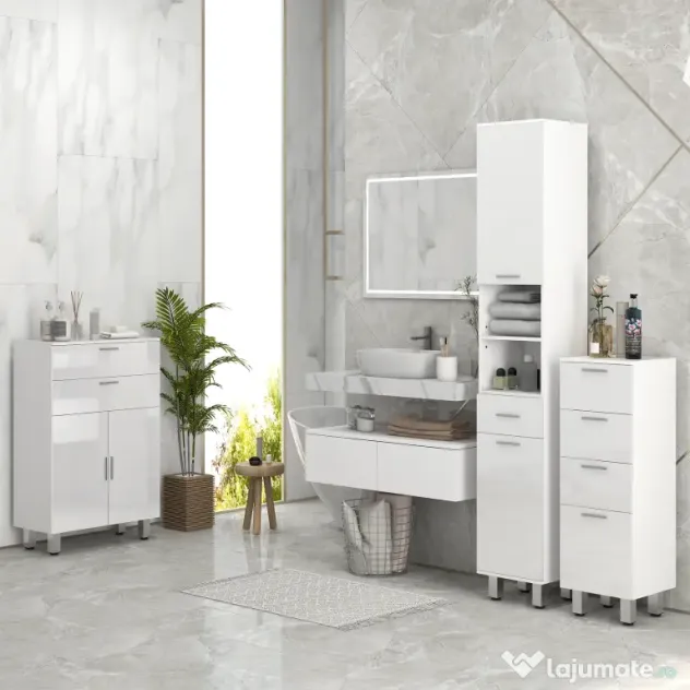 kleankin Mobilier pentru Baie cu 1 Sertar 3 Rafturi Ajustabile și 2 Dulapuri, 30x30x180 cm, Alb Lucios | Aosom Romania