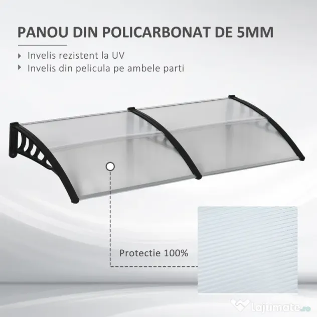 Outsunny Copertină Modernă din Policarbonat și Auminiu, pentru Balcoane, Ferestre și Uși, 200x96x27 cm, Transparent | Aosom Romania