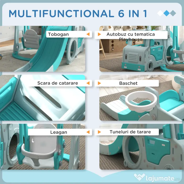 Set de jocuri pentru copii 6 în 1 cu tobogan, leagăn, cerc și mașină cu volan, pentru copii 18-48 de luni, albastru AIYAPLAY | Aosom Romania