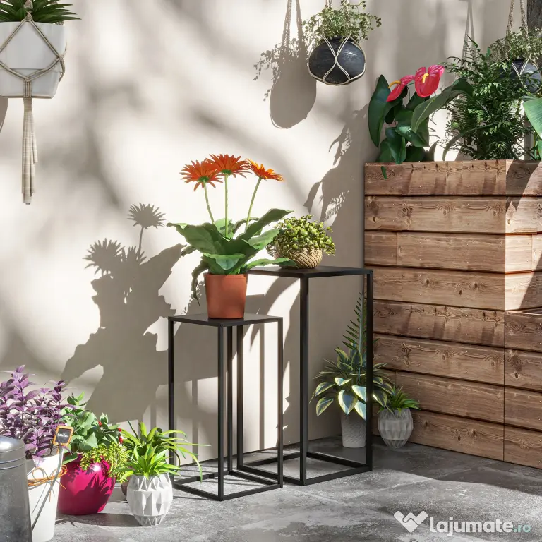 Outsunny Set de 2 Suporturi din Metal pentru Plante, Raft de Expunere a Florilor Stivuibil pentru Utilizare in Interior sau in Aer Liber | Aosom RO