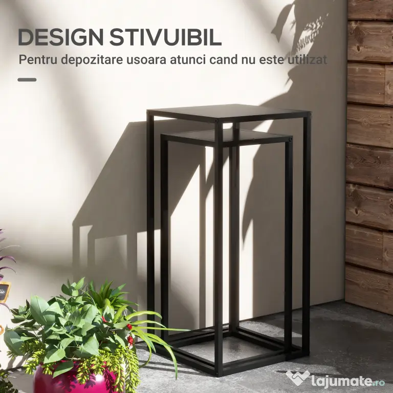 Outsunny Set de 2 Suporturi din Metal pentru Plante, Raft de Expunere a Florilor Stivuibil pentru Utilizare in Interior sau in Aer Liber | Aosom RO