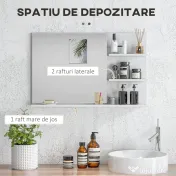 kleankin Oglindă de baie montată pe perete cu 2 rafturi laterale și raft inferior, din MDF și sticlă, 75x10x48 cm, alb 