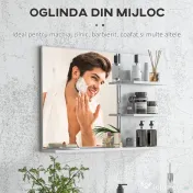 kleankin Oglindă de baie montată pe perete cu 2 rafturi laterale și raft inferior, din MDF și sticlă, 75x10x48 cm, alb 