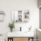 kleankin Oglindă de baie montată pe perete cu 2 rafturi laterale și raft inferior, din MDF și sticlă, 75x10x48 cm, alb 