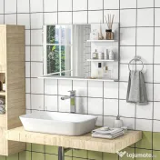 kleankin Oglindă de baie montată pe perete cu 2 rafturi laterale și raft inferior, din MDF și sticlă, 75x10x48 cm, alb 