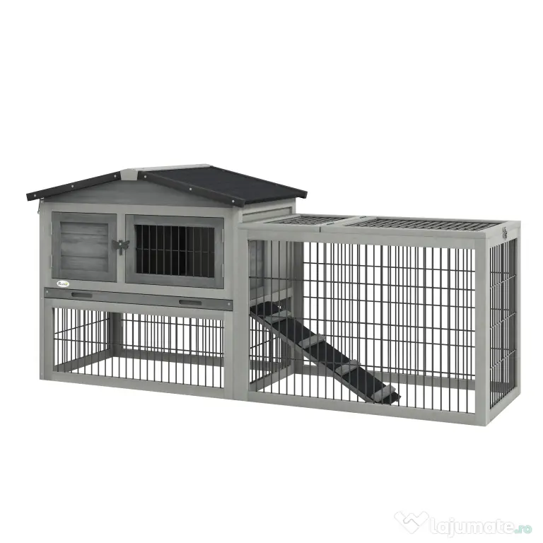 PawHut Cuib Exterior din Lemn de Brad cu Rampă, Acoperiș Rabatabil Impermeabil, Sertar Detașabil, Cuib pentru Iepuri, Animale Mici, Gri Deschis | Aosom Romania