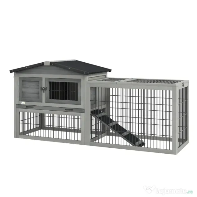 PawHut Cuib Exterior din Lemn de Brad cu Rampă, Acoperiș Rabatabil Impermeabil, Sertar Detașabil, Cuib pentru Iepuri, Animale Mici, Gri Deschis | Aosom Romania