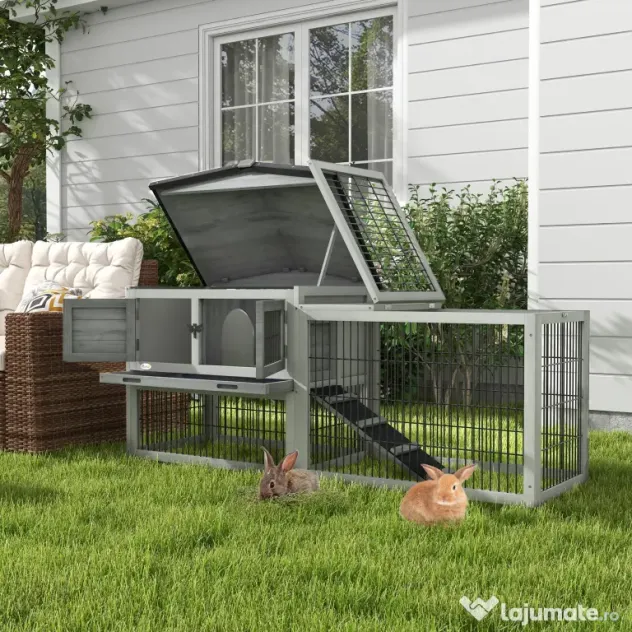 PawHut Cuib Exterior din Lemn de Brad cu Rampă, Acoperiș Rabatabil Impermeabil, Sertar Detașabil, Cuib pentru Iepuri, Animale Mici, Gri Deschis | Aosom Romania