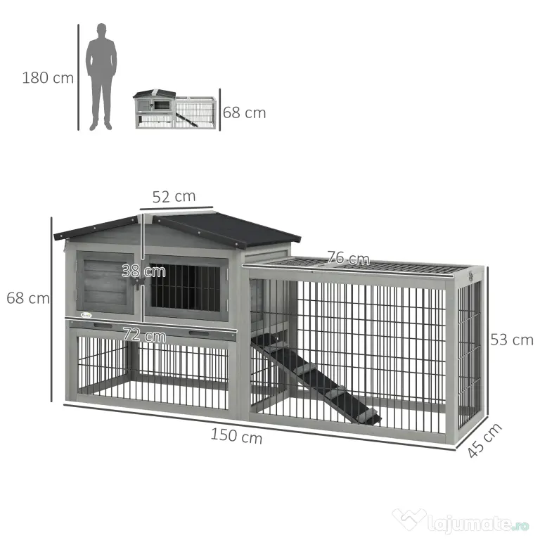 PawHut Cuib Exterior din Lemn de Brad cu Rampă, Acoperiș Rabatabil Impermeabil, Sertar Detașabil, Cuib pentru Iepuri, Animale Mici, Gri Deschis | Aosom Romania