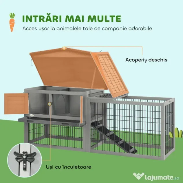 PawHut Cuib Exterior din Lemn de Brad cu Rampă, Acoperiș Rabatabil Impermeabil, Sertar Detașabil, Cuib pentru Iepuri, Animale Mici, Gri Deschis | Aosom Romania