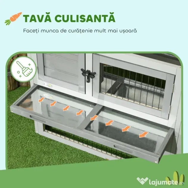 PawHut Cuib Exterior din Lemn de Brad cu Rampă, Acoperiș Rabatabil Impermeabil, Sertar Detașabil, Cuib pentru Iepuri, Animale Mici, Gri Deschis | Aosom Romania