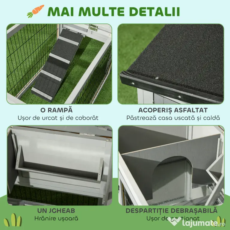PawHut Cuib Exterior din Lemn de Brad cu Rampă, Acoperiș Rabatabil Impermeabil, Sertar Detașabil, Cuib pentru Iepuri, Animale Mici, Gri Deschis | Aosom Romania