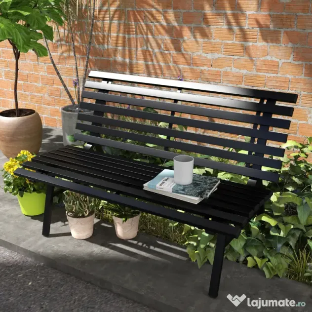 Outsunny Bancă pentru Grădină, Bancă de Exterior pentru Terasă cu Șezut și Spătar cu Lamele, 123x67x79 cm, Negru | Aosom Romania