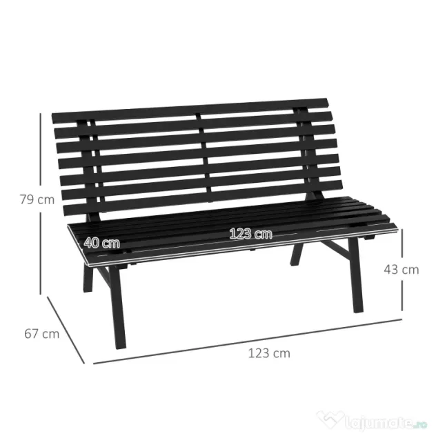 Outsunny Bancă pentru Grădină, Bancă de Exterior pentru Terasă cu Șezut și Spătar cu Lamele, 123x67x79 cm, Negru | Aosom Romania