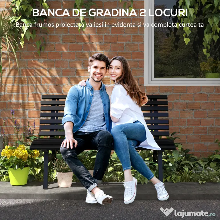 Outsunny Bancă pentru Grădină, Bancă de Exterior pentru Terasă cu Șezut și Spătar cu Lamele, 123x67x79 cm, Negru | Aosom Romania