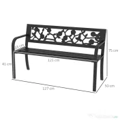 Outsunny Banca de Terasa, Canapea cu Cadru Metalic cu Spatar cu Model Floral pentru Gradina, Cotiere, pentru Gradina, Veranda, Negru 
