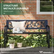 Outsunny Banca de Terasa, Canapea cu Cadru Metalic cu Spatar cu Model Floral pentru Gradina, Cotiere, pentru Gradina, Veranda, Negru 