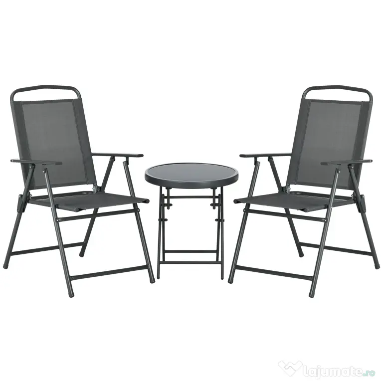Outsunny Set de Exterior din 3 Piese cu Masă cu Blat din Sticlă și 2 Scaune Pliabile din Plasă, Ф45x50 cm, Gri Deschis | Aosom Romania