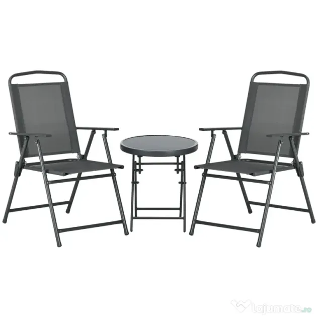 Outsunny Set de Exterior din 3 Piese cu Masă cu Blat din Sticlă și 2 Scaune Pliabile din Plasă, Ф45x50 cm, Gri Deschis | Aosom Romania