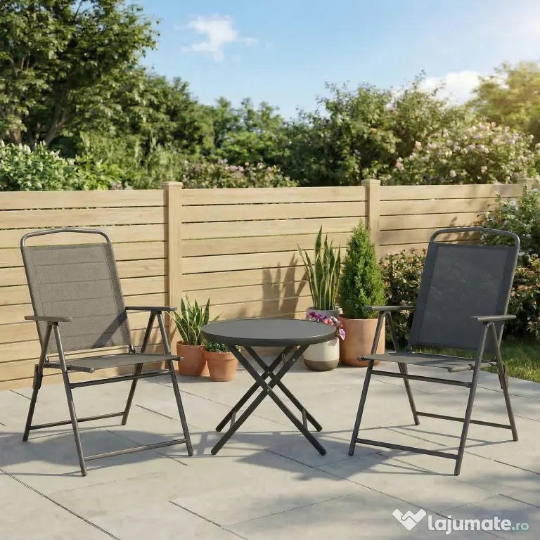 Outsunny Set de Exterior din 3 Piese cu Masă cu Blat din Sticlă și 2 Scaune Pliabile din Plasă, Ф45x50 cm, Gri Deschis | Aosom Romania
