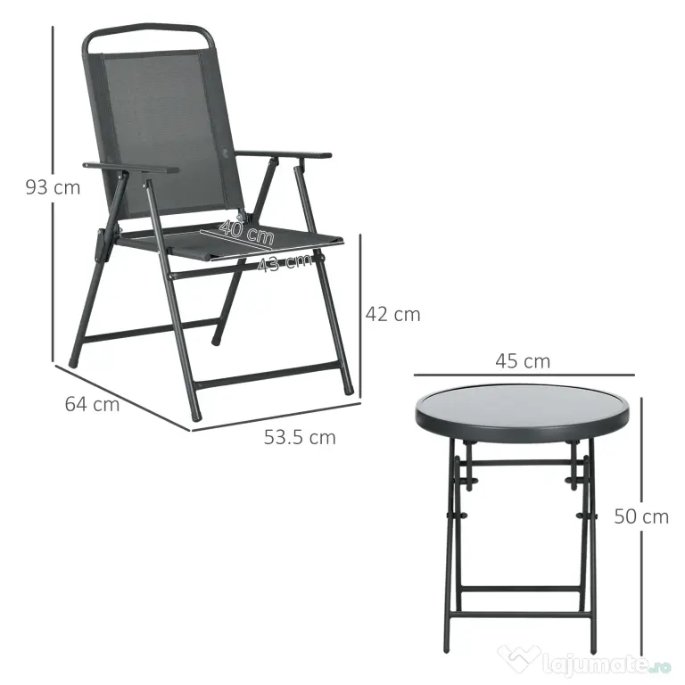 Outsunny Set de Exterior din 3 Piese cu Masă cu Blat din Sticlă și 2 Scaune Pliabile din Plasă, Ф45x50 cm, Gri Deschis | Aosom Romania