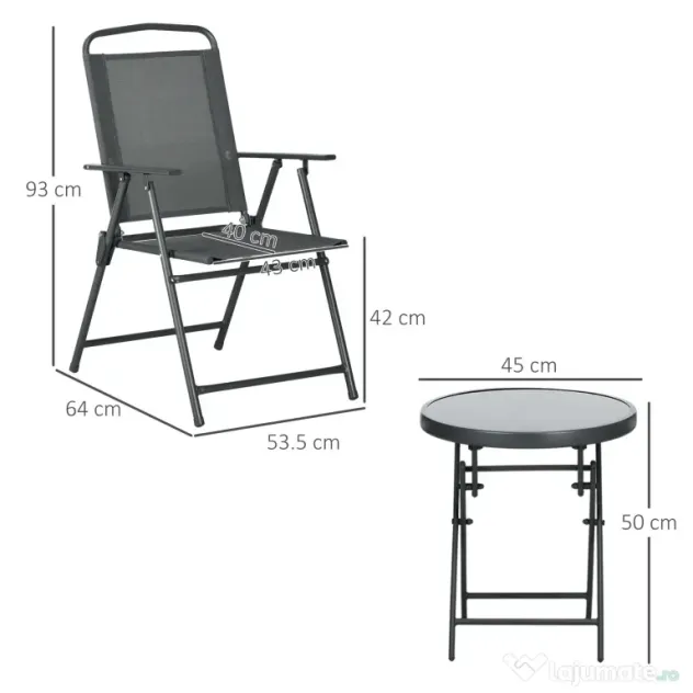 Outsunny Set de Exterior din 3 Piese cu Masă cu Blat din Sticlă și 2 Scaune Pliabile din Plasă, Ф45x50 cm, Gri Deschis | Aosom Romania