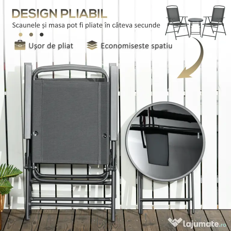 Outsunny Set de Exterior din 3 Piese cu Masă cu Blat din Sticlă și 2 Scaune Pliabile din Plasă, Ф45x50 cm, Gri Deschis | Aosom Romania