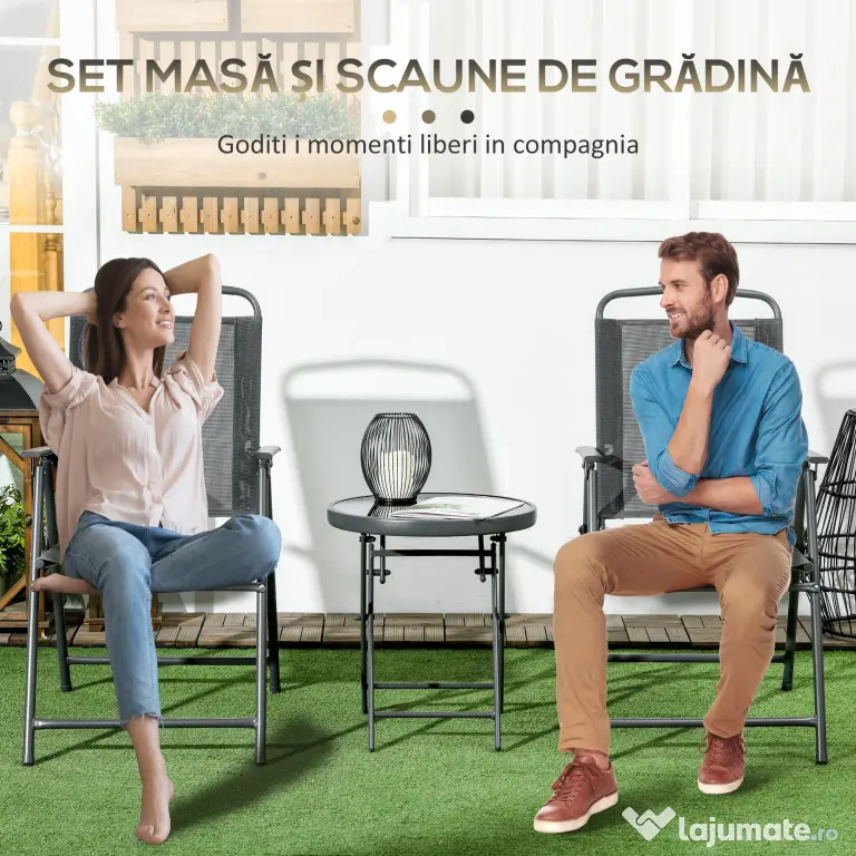 Outsunny Set de Exterior din 3 Piese cu Masă cu Blat din Sticlă și 2 Scaune Pliabile din Plasă, Ф45x50 cm, Gri Deschis | Aosom Romania