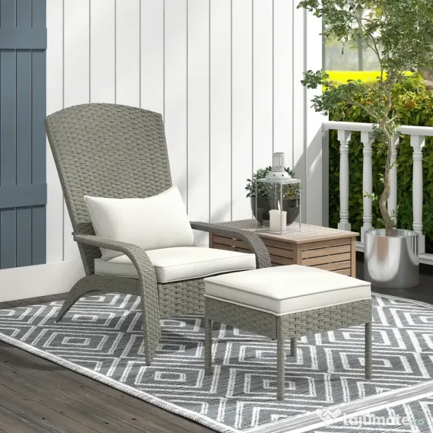 Outsunny Scaun Adirondack cu taburet din rachita pentru terasa, Scaun de exterior pentru semineu cu perne, spatar inalt | Aosom Romania