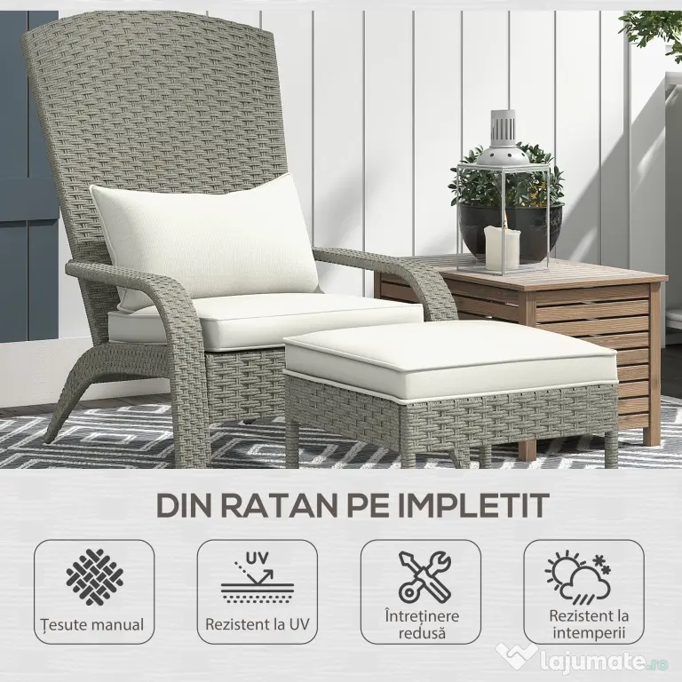Outsunny Scaun Adirondack cu taburet din rachita pentru terasa, Scaun de exterior pentru semineu cu perne, spatar inalt | Aosom Romania