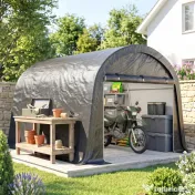 Outsunny 3x3m Garaj pentru Motociclete, Tenda cu Acoperiș Reforțat Impermeabil, 2 Accesuri cu Fermuar, pentru Biciclete și Unelte, Oțel Galvanizat, Gri | Aosom Romania 