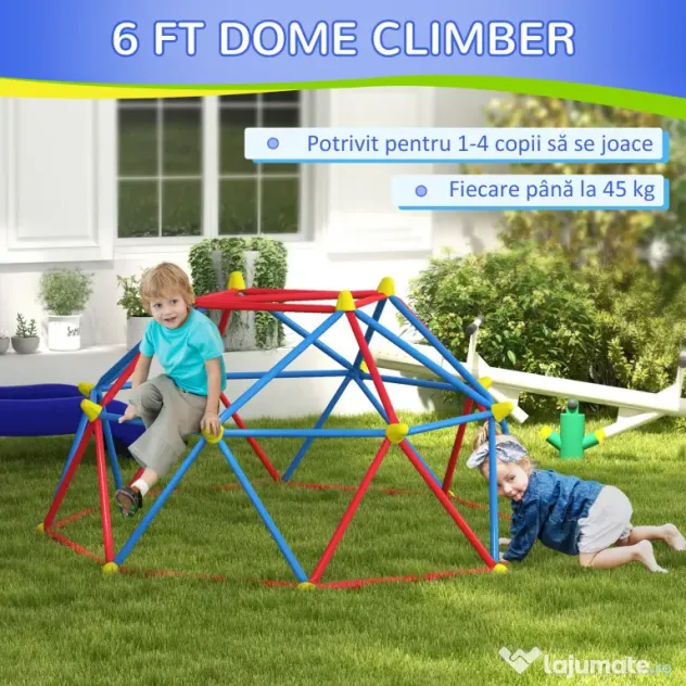 Outsunny Cupolă de cățărare pentru copii 3-8 ani, structură metalică pentru 4 copii, Ø183x90cm, multicolor