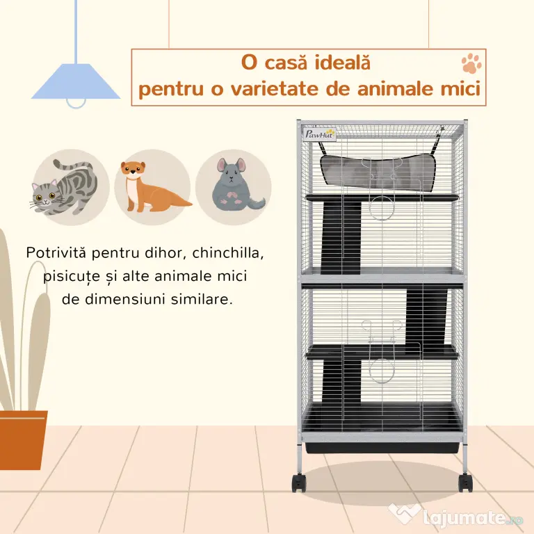 PawHut Cușcă pentru Rozătoare cu 3 Etaje, 4 Roți și Tavă Detașabilă Gri | Aosom Romania